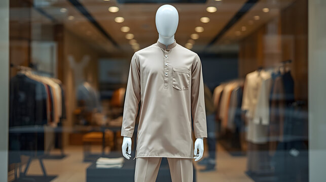 Mannequin displaying traditional Malay Baju Melayu attire in a modern clothing store window.