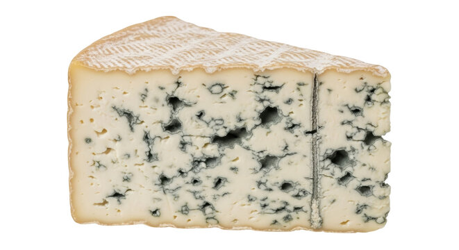 Wedge of blue cheese isolated PNG on transparent background, gourmet dairy product with mold for culinary use
