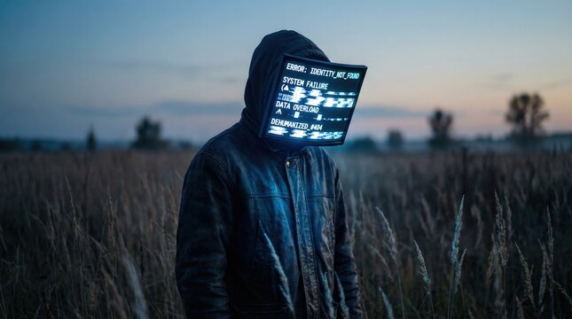 Cyberpunk hooded figure with a glitch screen head standing in a dark field at twilight symbolizing digital identity crisis and hacking concept.
