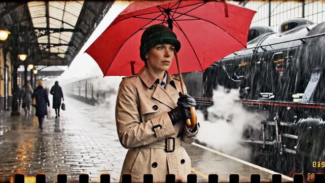 A woman in a beige trench coat and green beret holds a red umbrella and a black camera, standing on a rainy train platform with a vintage steam train and people in the background