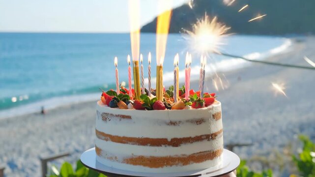 Naked birthday cake with lit candles and sparklers on a beach with ocean background