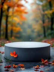 Autumn forest podium display with falling leaves, product showcase background.