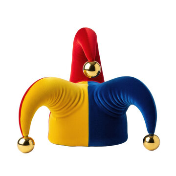 high-key studio still life of a classic red, yellow, and blue velvet jester hat featuring reflective gold spheres, sharp focus, isolated on a transparent background. concept of sophisticated whimsical