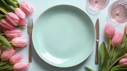 Elegant Table Setting with Tulips and Plate