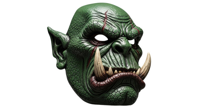 Green orc mask PNG isolated on transparent background, fantasy creature head with tusks for Halloween costume and cosplay use
