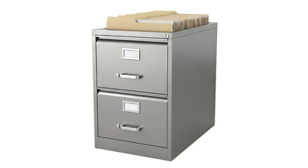 Two-drawer metal filing cabinet with folders
