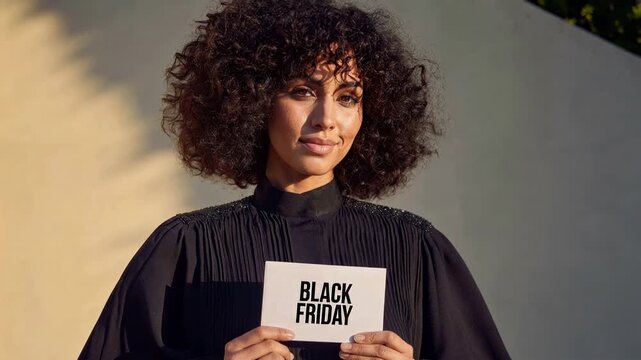 Young woman holding Black Friday sign representing consumer culture seasonal sale marketing promotion and modern shopping awareness