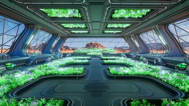 martian greenhouse interior with panoramic windows showing hydroponic beds, led ceiling panels, lush green crops, research consoles, automated irrigation systems, nutrient monitoring,