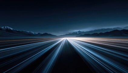 Obraz premium Light trails streak across a dark, mountainous landscape under a twilight sky
