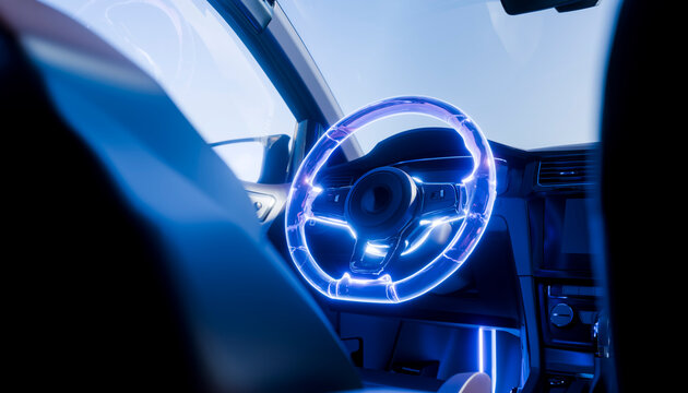 Glowing steering wheel in futuristic autonomous car interior