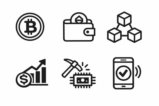 Cryptocurrency, blockchain, and mining icon set
