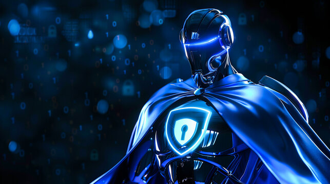 Futuristic AI robot knight, strong hero and digital shield on binary codes background. Cybersecurity protection, artificial intelligence defense systems, and secure data technology in digital world.