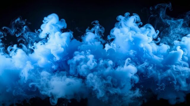 Swirling blue smoke forms abstract patterns against a dark background