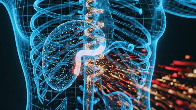 transparent anatomical torso over city lights with blue wireframe highlighting ribcage spine and vascular network, golden particle flow suggests urban energy and biodata exchange, detailed