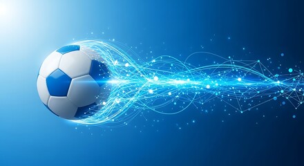 Fototapeta premium Dynamic soccer ball in motion with glowing blue energy trails and abstract network connections against a dark blue background, symbolizing speed and technology.