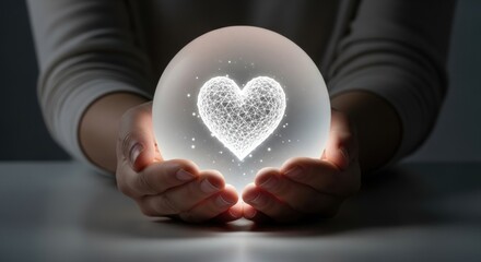 Obraz premium Valentine's Day Love Concept: Hands Gently Cradle a Glowing Geometric Wireframe Heart within a Sphere, Symbolizing Connection, Care, and Digital Romance