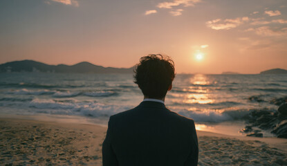 Fototapeta premium Back view of a successful businessman in a formal suit looking at the golden sunset over the ocean waves