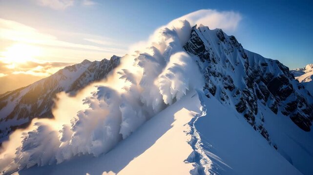 Majestic mountain peak with snow avalanche at golden hour dramatic storm.