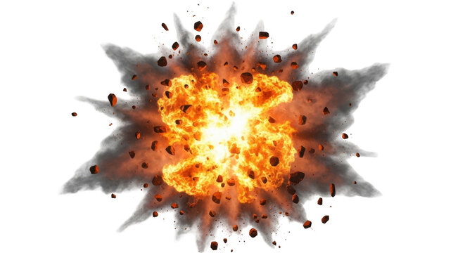 Fiery explosion PNG isolated on transparent background, dynamic burst of fire and debris for special effects and compositing projects