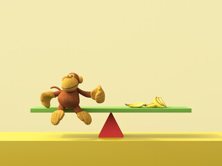 Stuffed monkey and bananas balancing on seesaw in humorous 3d rendering