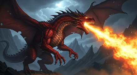 Fierce red dragon breathing fire in a dark mountainous landscape.