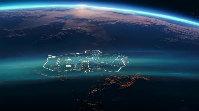 planetary colony at sunrise above horizon glowing futuristic settlement nestled in red desert, illuminated modules casting long shadows across dunes, thin blue atmosphere and distant sun