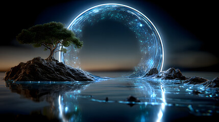 Portal in coastal water at dusk viewed from beach with tiny island and glowing horizon