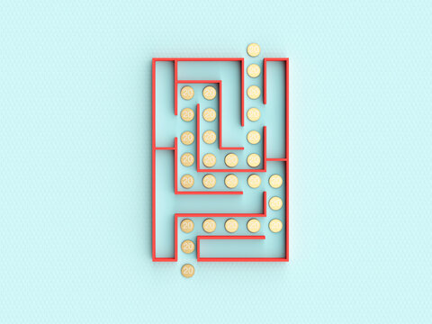3d rendering of coins navigating a maze symbolizing finance and security