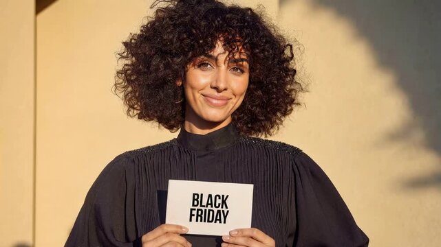 Confident woman holding Black Friday sign in warm sunlight promoting seasonal shopping discounts retail marketing and consumer excitement in modern lifestyle scene