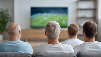 Fototapeta premium Friends gather in a comfy living room to enjoy a thrilling football match on TV. Excitement fills the air as they share this joyful moment together on a weekend afternoon