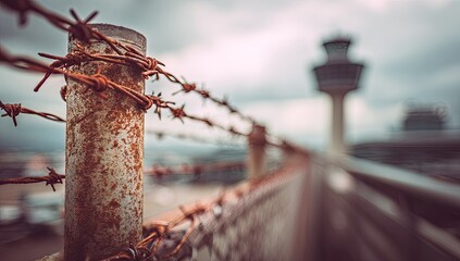 Fototapeta premium Close-up of rusty barbed wire fence with control tower in soft focus background
