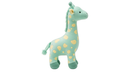 Naklejka premium Cute mint green giraffe plush toy isolated PNG, soft stuffed animal for kids and nursery decor on transparent background