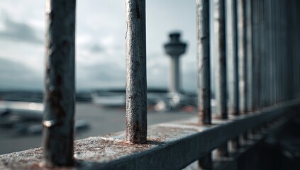 Fototapeta premium Close-up of weathered metal bars, with an airport control tower in the blurry background