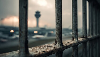 Fototapeta premium Close-up of weathered metal bars, airport control tower blurred in background during sunset