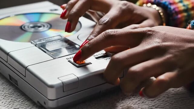 A close-up of dark-skinned hands with red nails opening a CD player