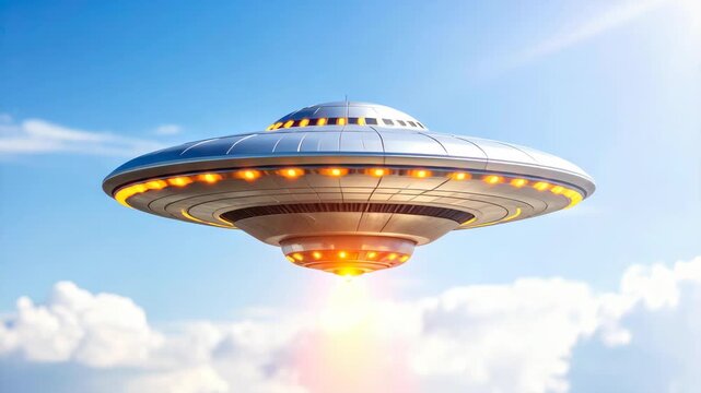 Futuristic silver flying saucer spacecraft with bright orange lights hovering in a blue sky with clouds
