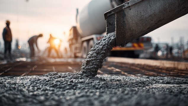 Concrete truck pouring fresh cement over rebar, construction workers in background