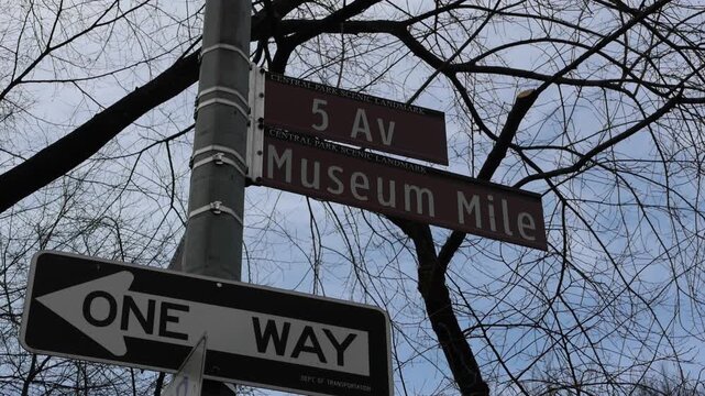5th avenue museum mile sign on street signpost (light pole) in manhattan new york city upper east side (travel tourism art museums)