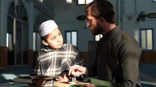 Muslim Sheikh reading Holy Quran to young students in a mosque. Religious education and Quran memorization for Muslim kids. Ramadan spiritual atmosphere at masjid. 
