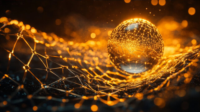 Abstract representation of artificial intelligence and digital data network with a glowing golden sphere on a connected mesh grid against a dark bokeh background