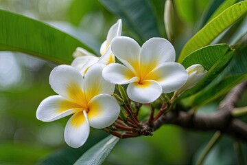 Obraz premium Close-up of several white and yellow flowers on a leafy branch