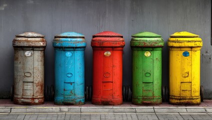 Naklejka premium Five cylindrical, vibrantly colored mailboxes, displaying age and character, against a textured wall