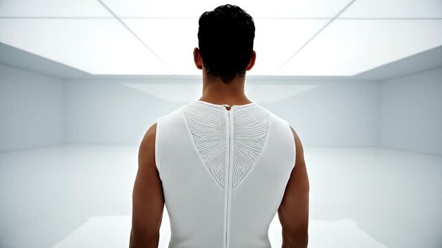 Male model in futuristic white room wearing sleeveless compression vest, standing and rotating for profile and rear views, clinical lighting, minimalist lab atmosphere, garment fit testing