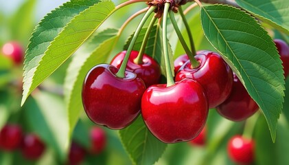 Obraz premium Sweet Cherry Burst: A close-up showcases the vibrant reds of ripe cherries hanging from a leafy branch, embodying the freshness and sweetness of summer.