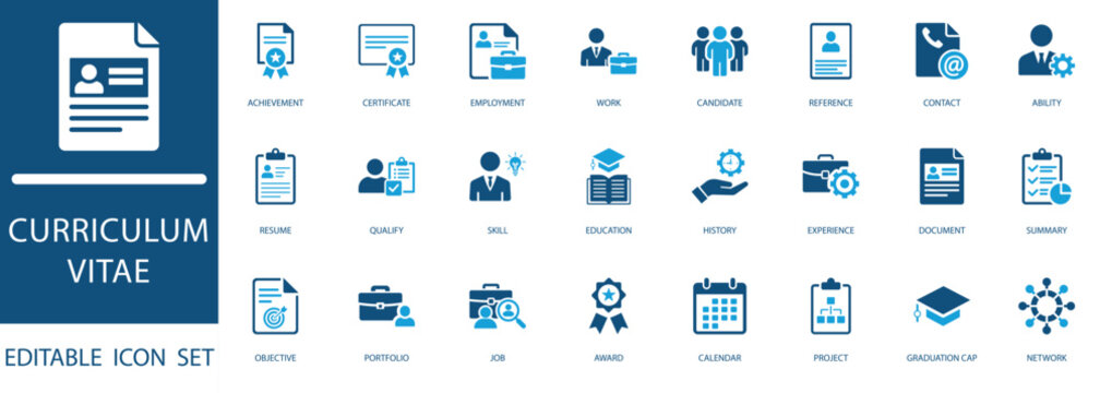 curriculum vitae icon set. featuring  recruitment ,employment, skills, education, and career development. Ideal for HR