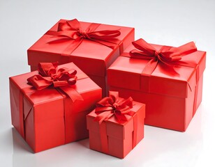 Fototapeta premium Four red gift boxes with bows on a white surface