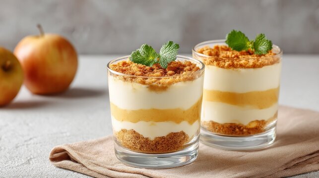 In inviting glasses, layers of creamy filling, apple compot, and crunchy crumbs create a delightful dessert. Fresh apples and hints of cinnamon add warmth to this charming treat