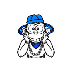 Naklejka premium A cartoon monkey wearing a blue hat, bandana, and chain, with its hands on its cheeks.