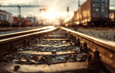 Obraz premium Close-up of railway tracks vanishing into the distance, with train cars and a bright sun
