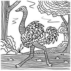 Tribal Line Art Illustration of an Ostrich in a Savanna